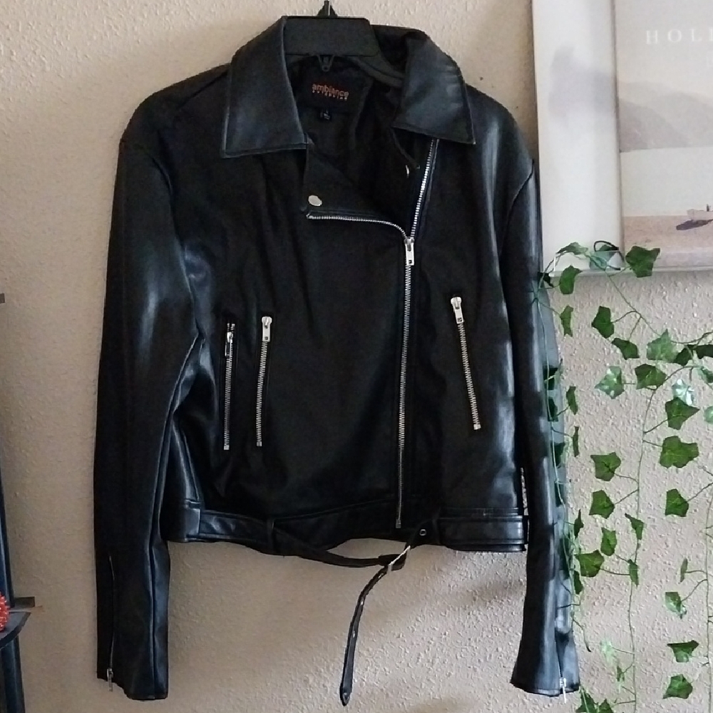 Women's Ambience Outerwear Black Punk Plus Leather Jacket With Zippers - 1X